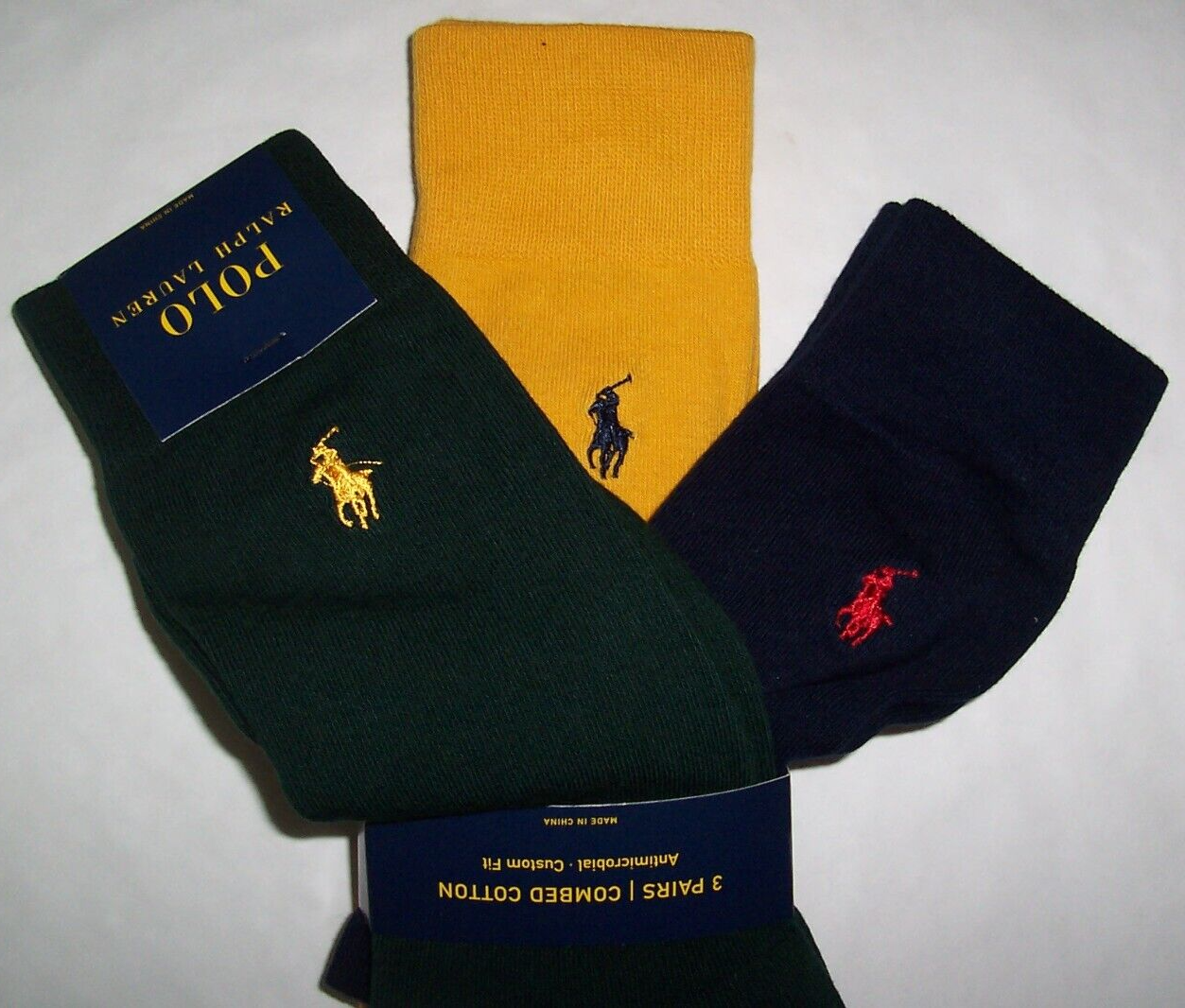 Polo Ralph Lauren 3 PAIA calze uomo pettinate COTONE verde tinta unita navy oro nuove con etichette PONY