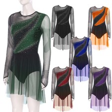 Women Dress Long Sleeve Mesh Rhinestone Gymnastics Competition Leotard Dancewear
