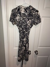 Banana Republic Women's Faux Wrap Dress Size S Black White Floral Print Stretch