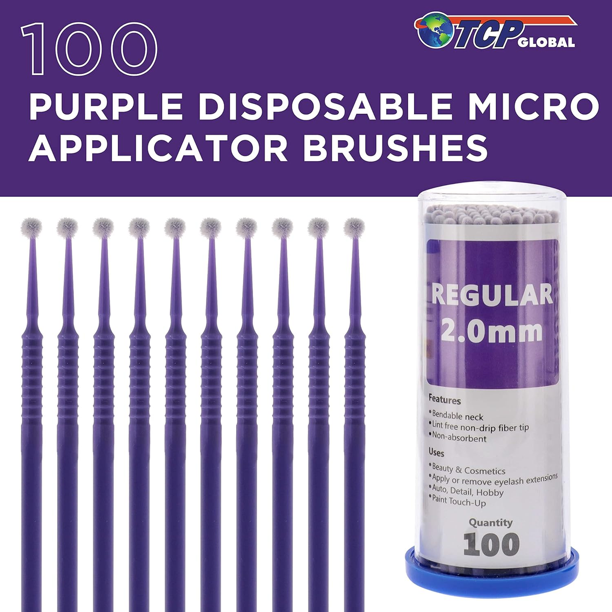 TCP Global 100-Pack Micro Brushes - 2.0mm Tip Applicators For Eyelash & Touch-Ups