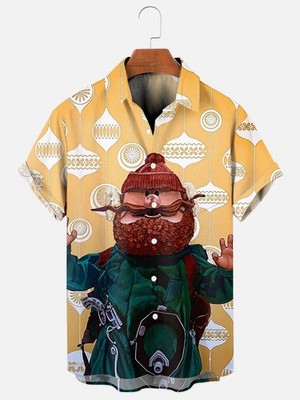 Mens Christmas Rudolph Cartoon Print Holiday Pocket Short Sleeve Shirt