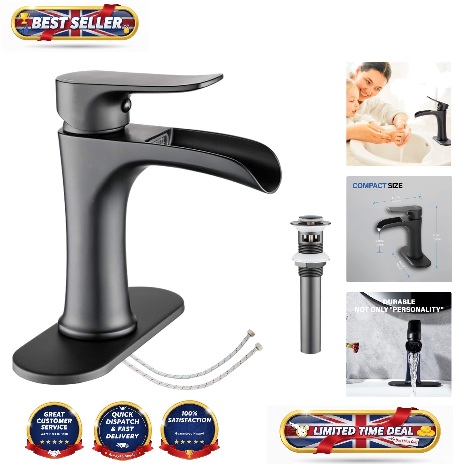 Rust-Resistant Solid Brass Waterfall Sink Faucet - Effortless Elegance in Black
