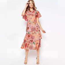 ASOS Coral Floral Print Midi Dress Tiered Cape Neckline Tie Open Back Size 10