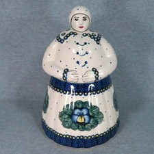 Polish Pottery Babcia Cookie Jar Blue Ivory Grandma Lady Boleslawiec Unikat