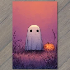 Art Print Lonely Ghost Standing Beside Pumpkin At Sunset Halloween Field