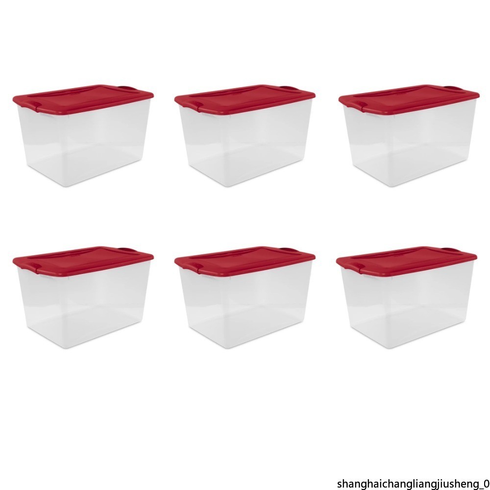 66 Qt Clear Storage Bin with Latch Lid Red 6 Pack