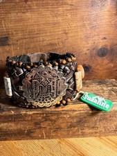 Woven Brown Leather Beaded Adjustable Mens Cuff/ Wristband