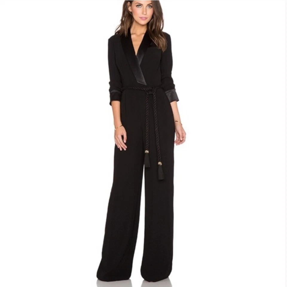 NUEVO SIN ETIQUETAS RACHEL ZOE Esmoquin Negro Pierna Ancha Mono Cuerda Cinturón Talla 6, $650 Minorista Foto 2 de 4