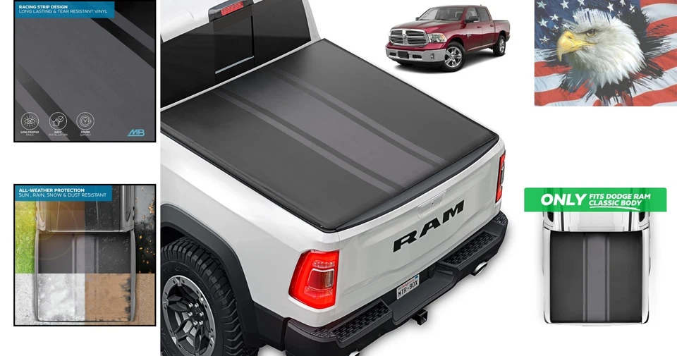 Elegante cubierta Tonneau gris a rayas para Ram 1500 modelos clásicos 2002-2025 Foto 2 de 4