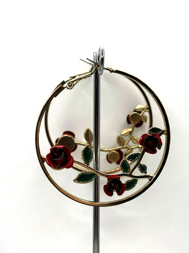 Carved Metal Red Rose Flower Vine Gold Tone 2 Inch Hoop Earrings - Picture 15 of 24