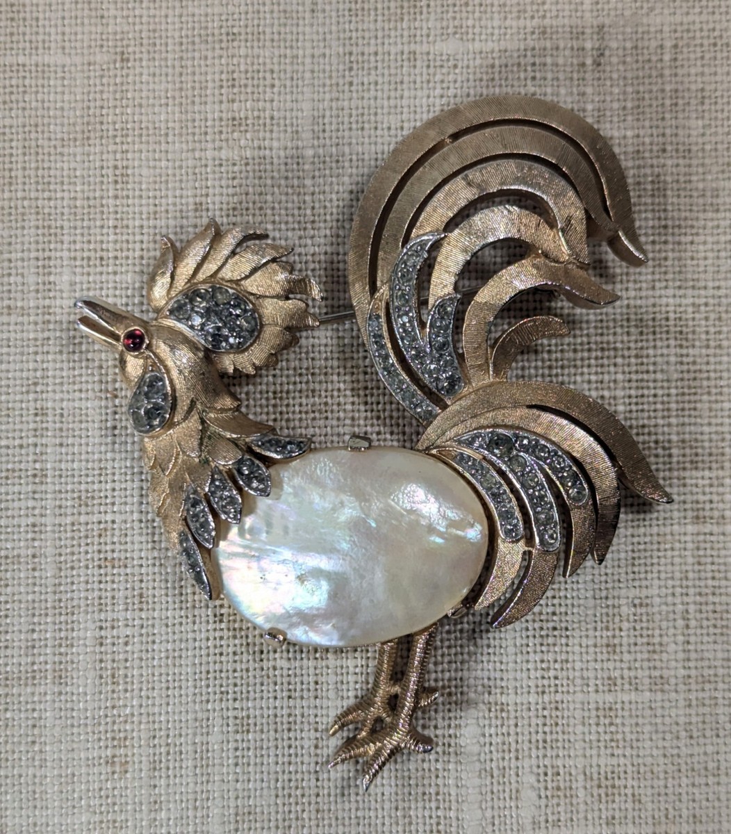 CROWN TRIFARI ROOSTER MOTHER OF PEARL JELLY BELLY PAVE BROOCH