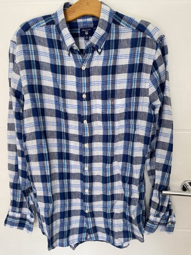 Gant Men’s linen Shirt Size m Check Plaid Blue White,USA designer,summer beach