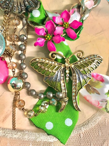 OOAK Asymmetrical Artisan Statement Necklace*Butterfly*Flowers*Upcycled Jewelry - Picture 6 of 13