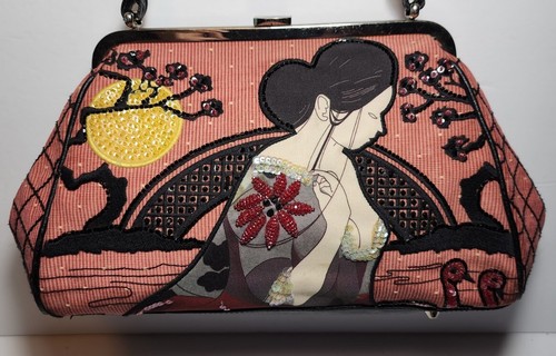 ISABELLE FIORE TOP LOCK MOON GARDEN GEISHA ORIENTAL BEADED SEQUINED HANDBAG $375 - Picture 3 of 17