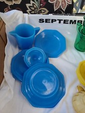 Akro Agate Child's Toy Plates Blue 4 1/4 Plates Teapot Lic