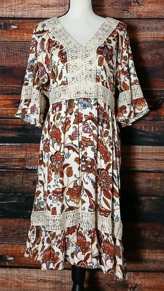 Cato Peasant Dress Size 14 16 W Boho Rayon Crochet Flared Half Bell Sleeve Midi - Image 3 of 4