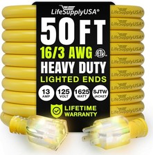 50Ft Outdoor/Indoor Extension Cord 16/3 Gauge Ultra Heavy Duty 3 Prong SJTW, Wat