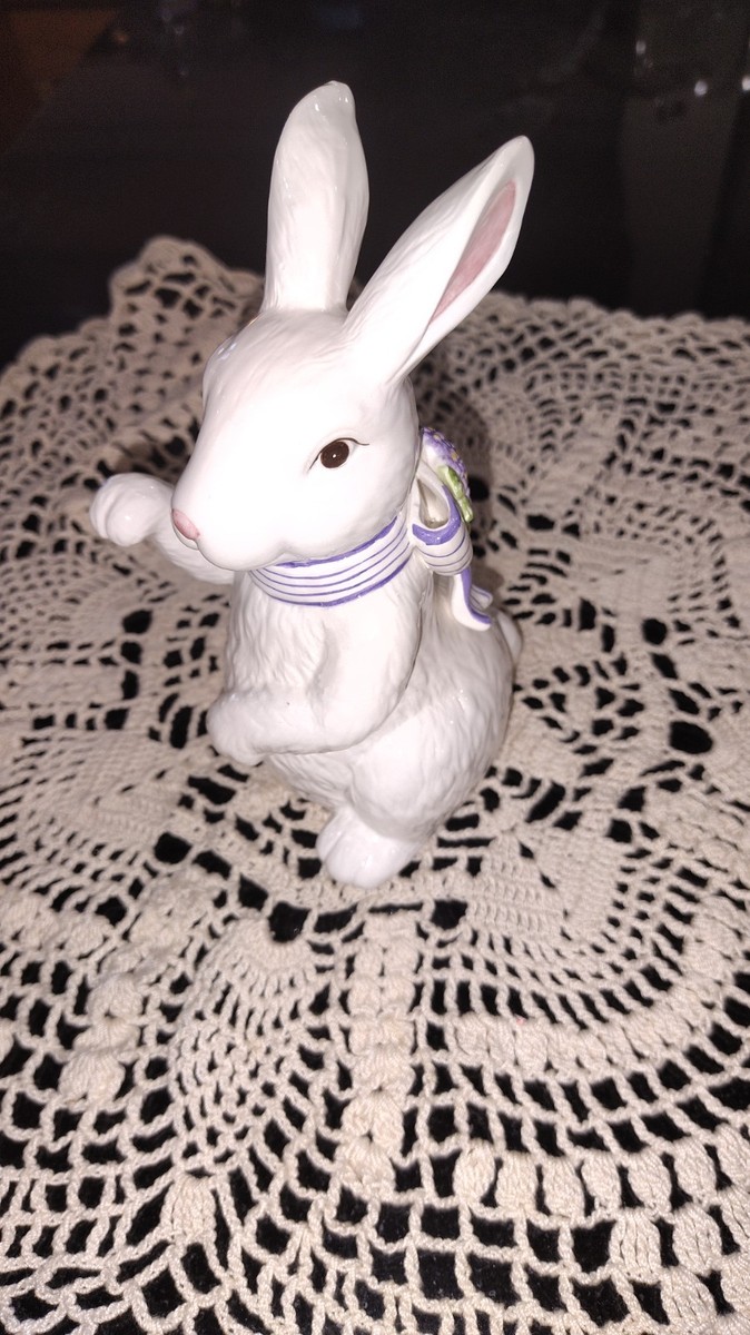 Bella Casa by Ganz white ceramic bunny with purple floral ribbon