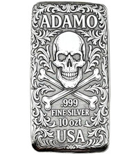 10 oz Silver Art Bar 999 - Skull & Bones - Exclusive Ltd. Edition - Adamo Metals 102.40 per troy oz