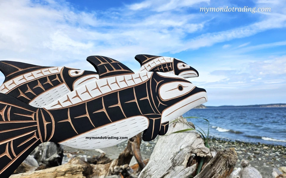 Arte indígena original del delfín y bebé cedro tallado nativo americano del noroeste Foto 3 de 4