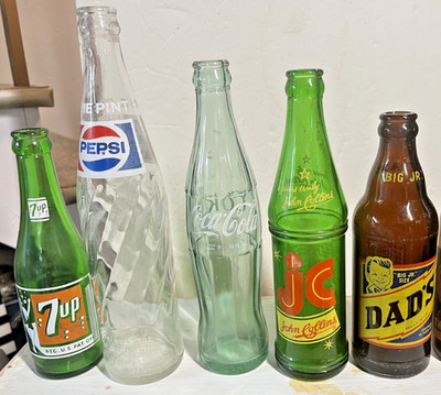 Lot of 5: Vintage Antique Soda Pop Glass Bottles Big Jr, John Collins,DAD'S, 7UP