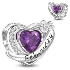 Fcbruary Birthstone Heart Charms 925 Sterling Silver,Love Heart Beads for Charm