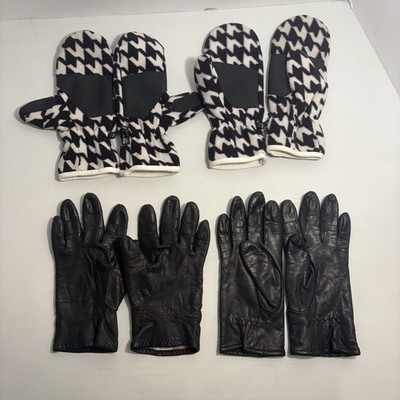 Vintage Women s Gloves Black Leather White Thinsulate Merona L-XL Houndstooth