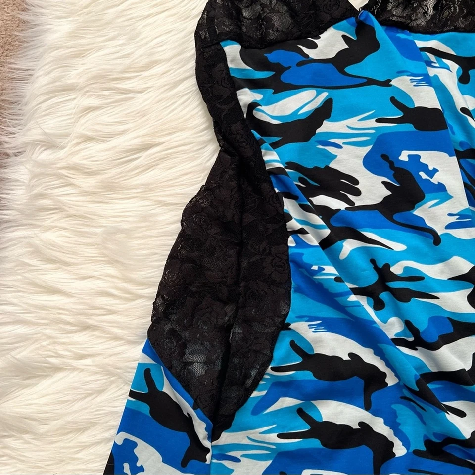 Vestido Babydoll Slip Lingerie de Renda Transparente Camuflado Azul Virgem Grande - Imagem 3 de 4