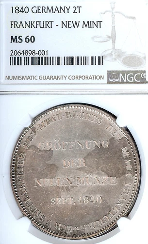German States Frankfurt 1840 Two Talers Coin Thaler NGC MS 60 VZ/F.STG NEW MINT