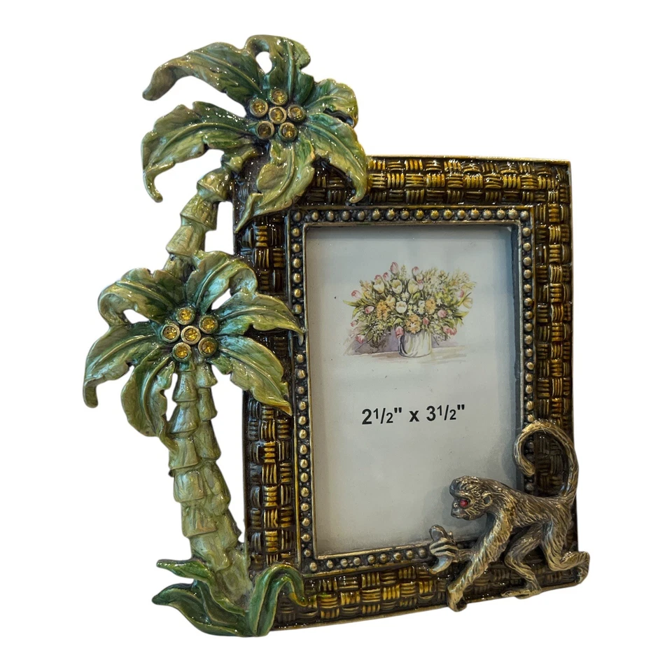 Marco de fotos mini marco esmaltado de metal de palmera y mono con joyas Foto 4 de 4