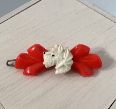 Barrett Vintage Celluloid Tilco Red Bow Cream Colored Scottie Dog Centered