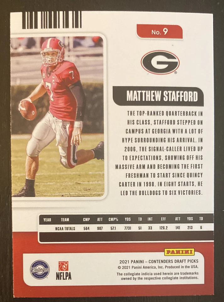 2021 Contenders Draft Picks Base Season Ticket #9 Matthew Stafford Georgia Bull - Image 2 of 2