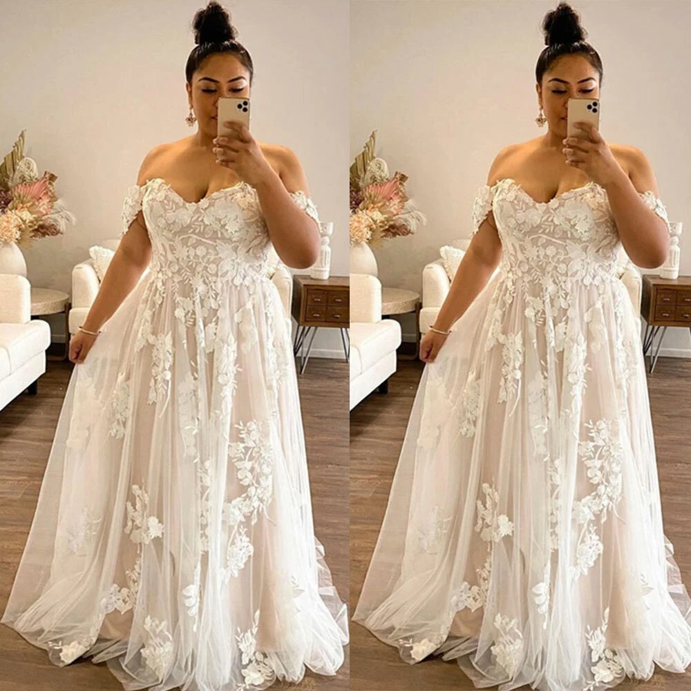 Summer Beach Wedding Dresses Lace Applique V Neck Plus Size Wedding Dresses  AWD1044