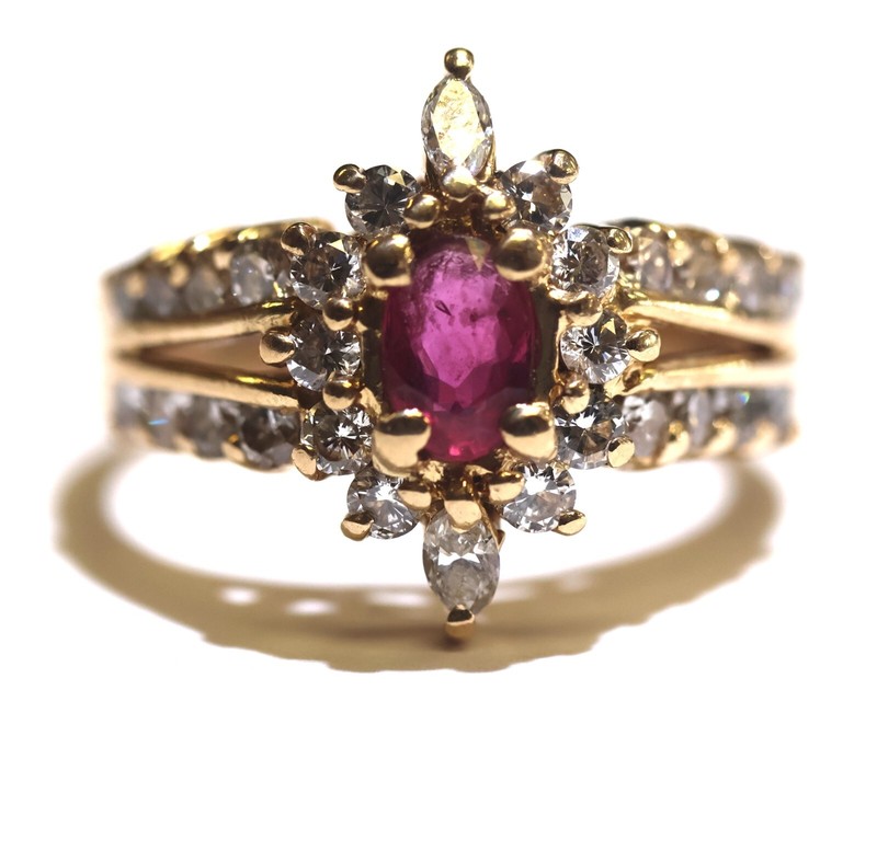 14k yellow gold 1.1ct VS H diamond natural ruby gemstone cluster ring 5.5g 8.5
