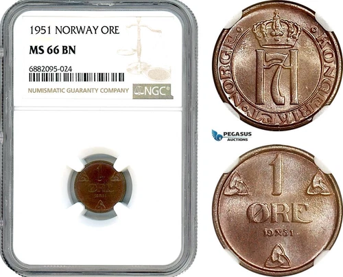 AJ334, Norway, Haakon VII, 1 Ore 1951, Kongsberg Mint, NGC MS66BN, Pop 1/0
