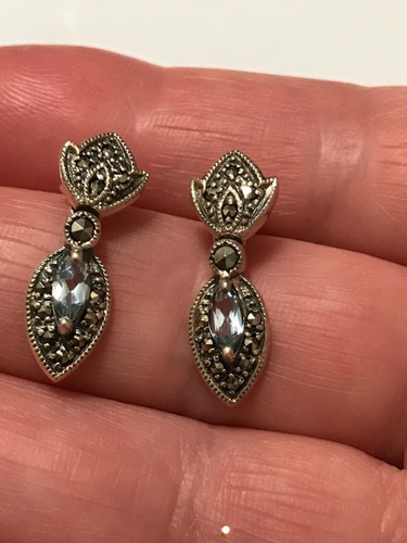 Beautiful Vintage Brand Sterling Silver 925 Marcasite Blue Topaz Dangle Earrings