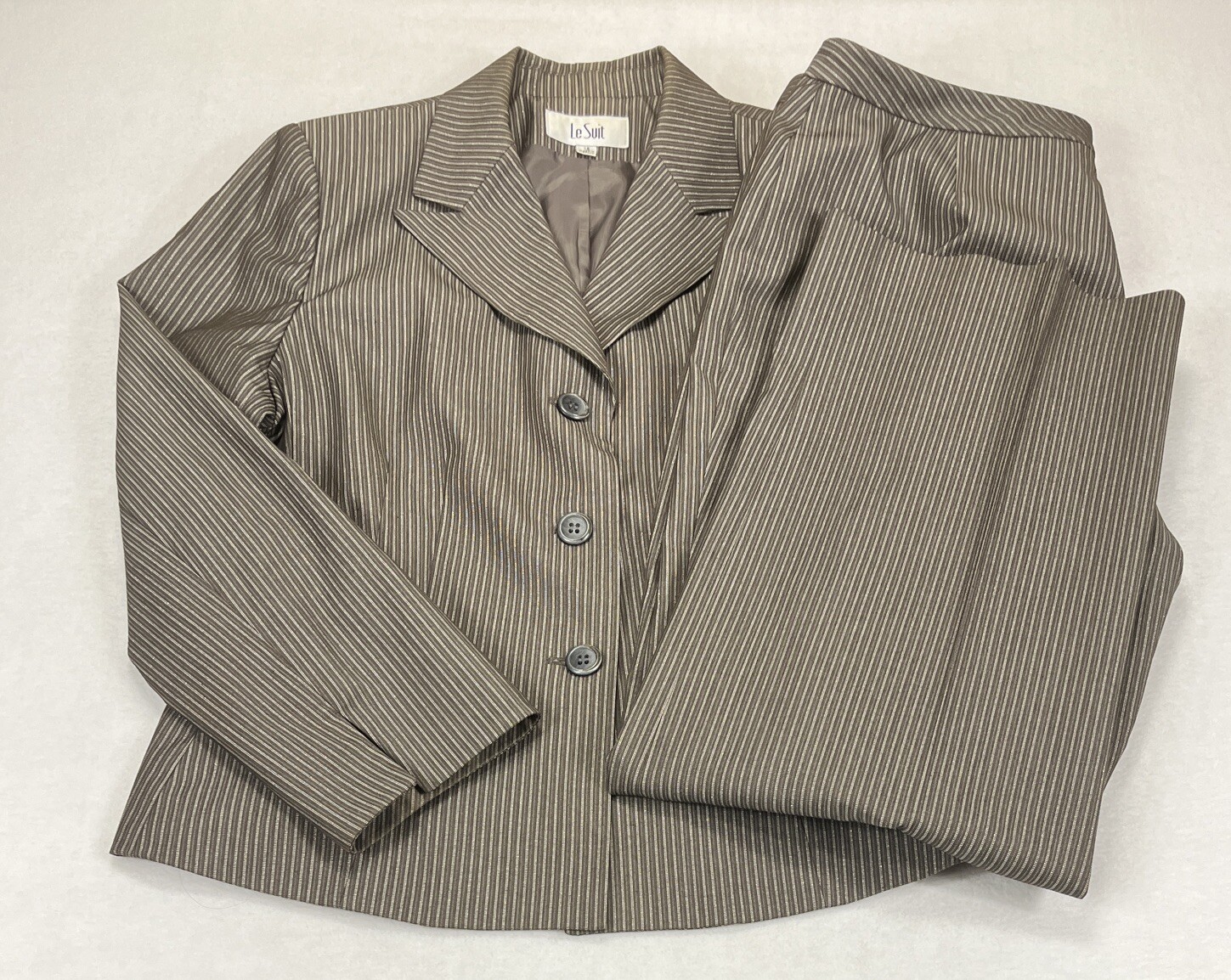 Le Suit Brown W/Sparkle Silver Stripes Lined Wide Leg Pant Suit Women’s 16