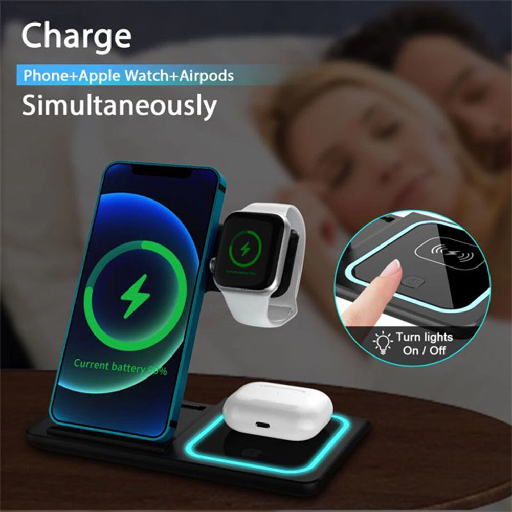 3 In 1 Night Light Wireless Charger Black Convenient For Phone Watch Home Office