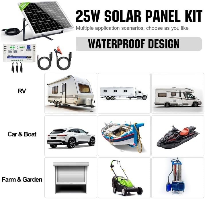 Solar Battery Charger Kit Waterproof 25W 12V Portable with Mount & Controller