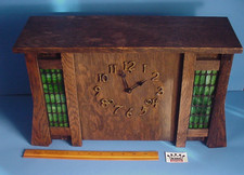 Arts Crafts Mission Oak Mantel Clock Antique Vintage Gilbert Slag Glass panels