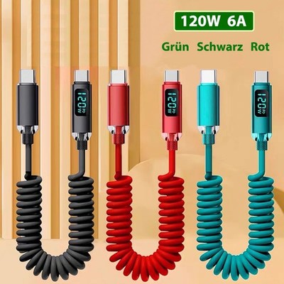 USB-C,C-C Ladekabel Federkabel PD Schnellladekabel 120W 6A Leistungsanzeige