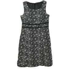 Talbots Monochrome Floral Dress Embroidered Linen Cotton OP Art Mod 60s Size 10