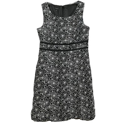 Talbots Monochrome Floral Dress Embroidered Linen Cotton OP Art Mod 60s Size 10