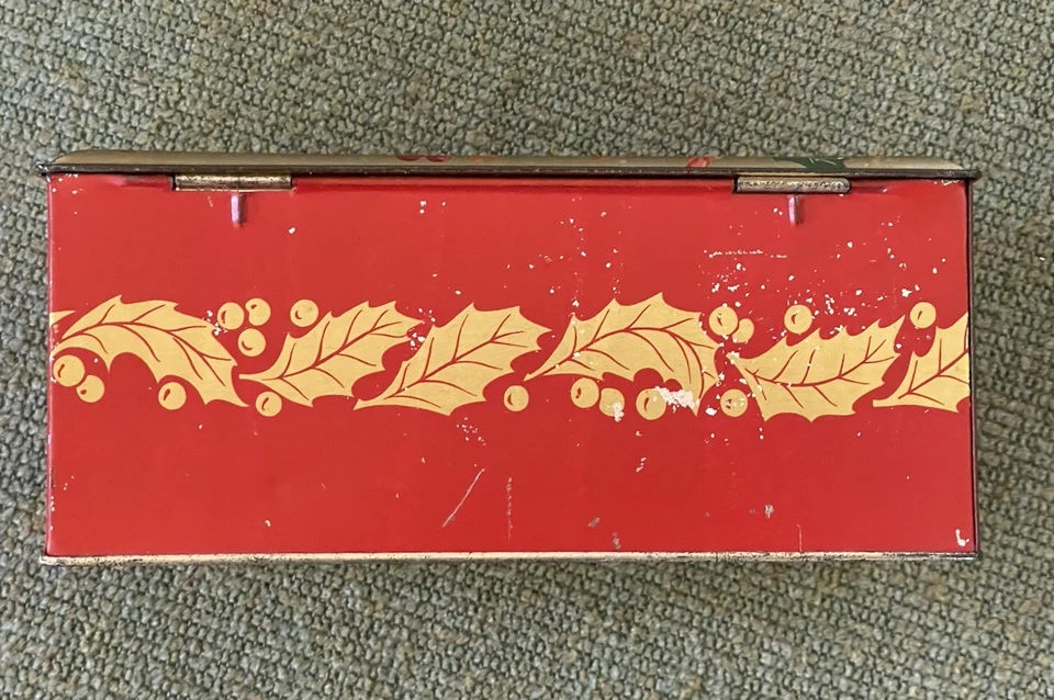 Contenedor de hojalata vintage de Navidad con tapa con bisagras interior dorado de pascua con floral Foto 3 de 4