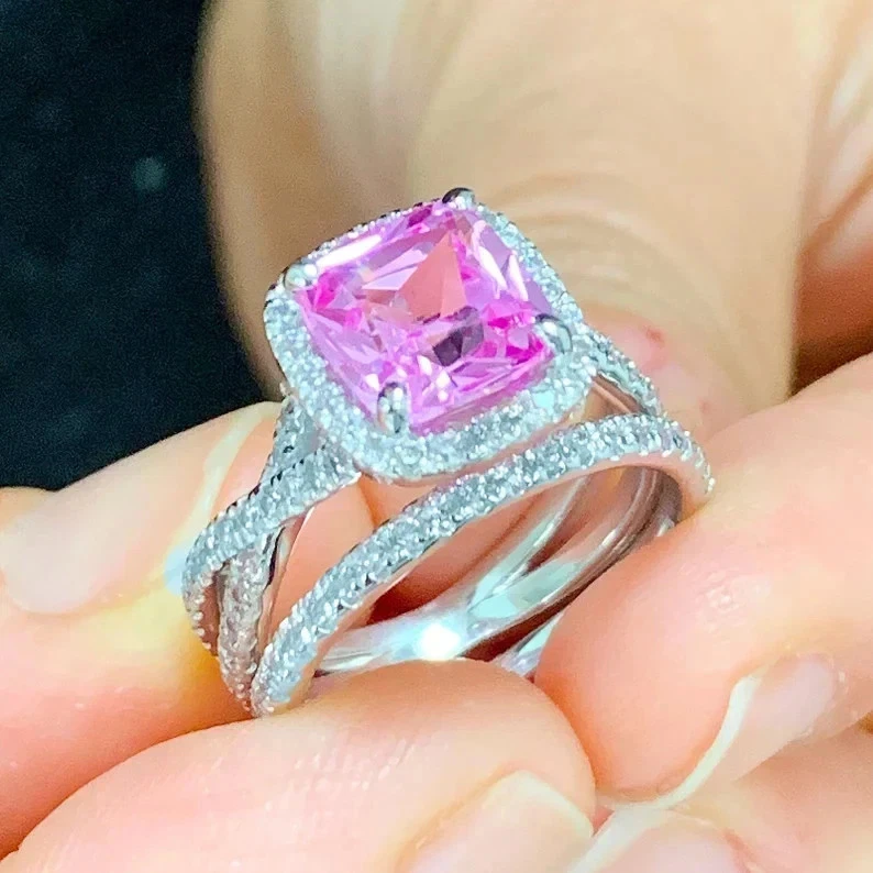 Anillo de compromiso de oro blanco sólido de 18 quilates con diamantes de zafiro rosa natural de 3,00 quilates Foto 2 de 4