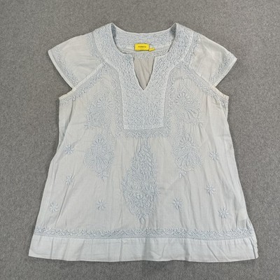 Roller Rabbit Tunic Top Womens Small Blue Embroidered Floral Boho Cotton V Neck