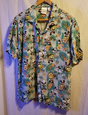 Disney Mickey Mouse Hawaiian Button Up Shirt 100 Rayon Sz M Blue and Green