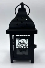 Small Black Metal Lantern Glass Candle Holder Indoor Outdoor Decorative Accent 