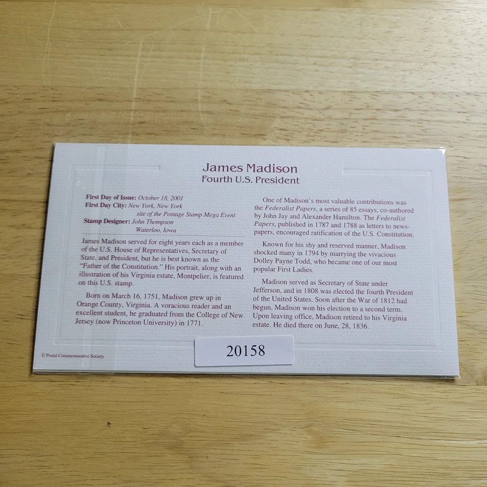 詹姆斯·麦迪逊第四届美国总统22kt黄金复制品邮票第一天带卡 — 第 4/4 张图片
