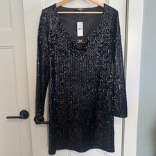 Express Medium  V Neck Sequin Mini Dress With Long Sleeves NEW